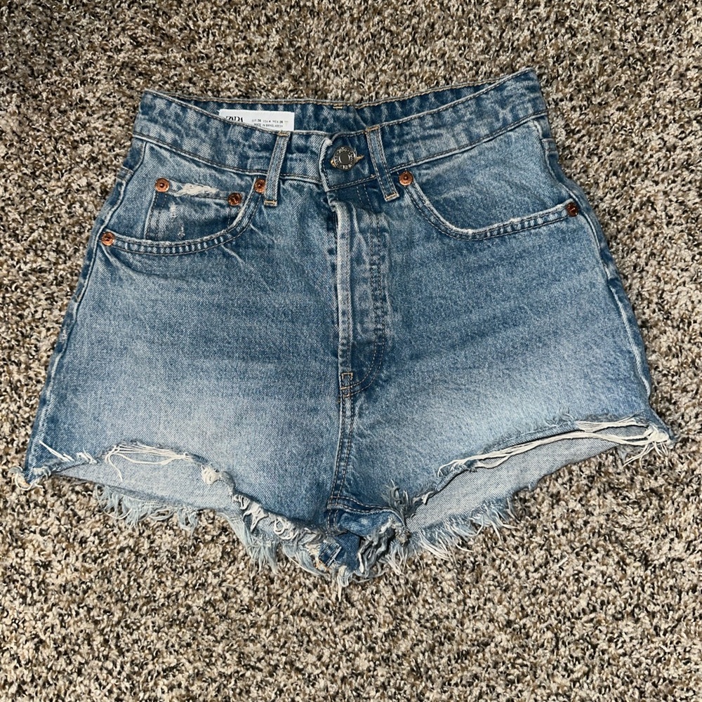 Zara High Waisted Denim Distressed Shorts - Picture 7 of 13